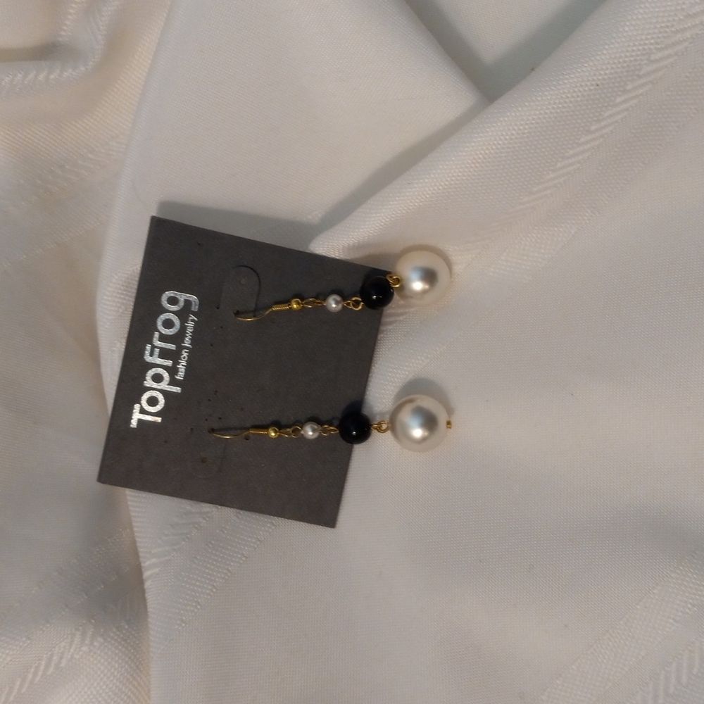 Faux Pearl and Black Bead Earrings